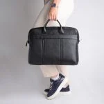 کیف اداری چرمی مشکی دو دسته با بند بلند قابل تنظیم