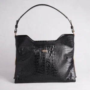 نمای روبرو از کیف زنانه چرم طرح کروکودیل مدل لونا با یراق طلایی