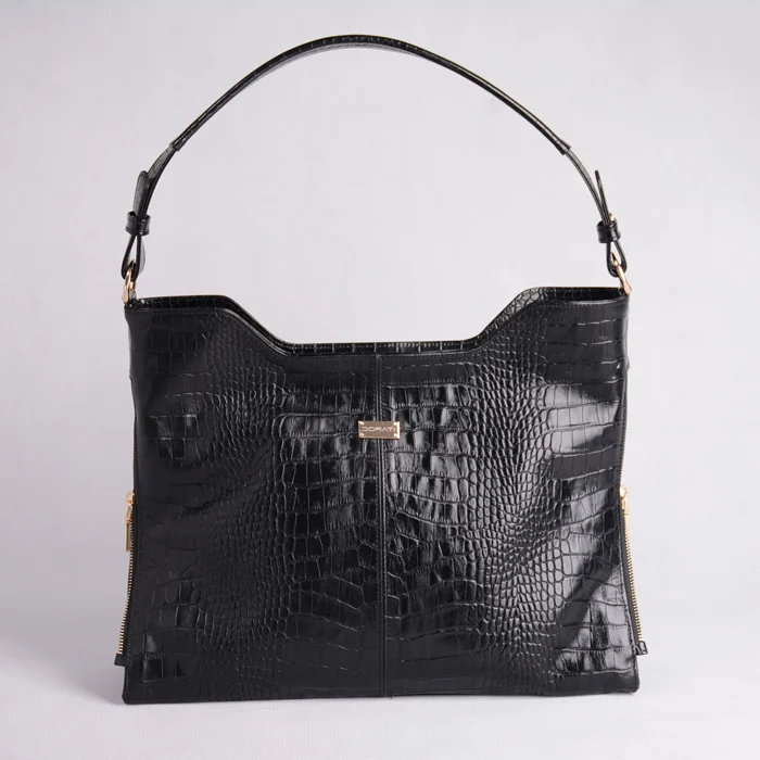 نمای روبرو از کیف زنانه چرم طرح کروکودیل مدل لونا با یراق طلایی نمای روبرو از کیف زنانه چرم طرح کروکودیل مدل لونا با یراق طلایی