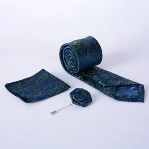 ست کراوات و پوشت جیبی و رزت مردانه سورمه ای و سبز