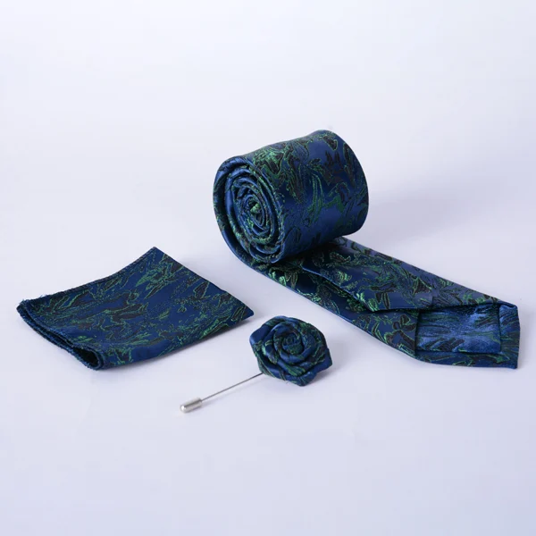 ست-کراوات-مردانه-5986-01 ست کراوات و پوشت جیبی و رزت مردانه سورمه ای و سبز