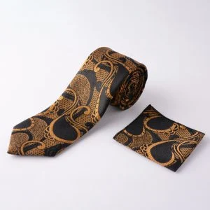 کراوات مشکی و خردلی مردانه همراه با پوشت جیبی ست