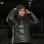 کاپشن چرم سبز ارتشی زنانه