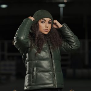 کاپشن چرم سبز ارتشی زنانه