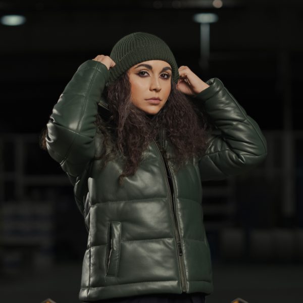 کاپشن چرم سبز ارتشی زنانه