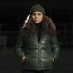 کاپشن چرم طبیعی سبز زنانه