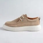 کفش کالج چرم زنانه رنگ کرمی با بند سفید