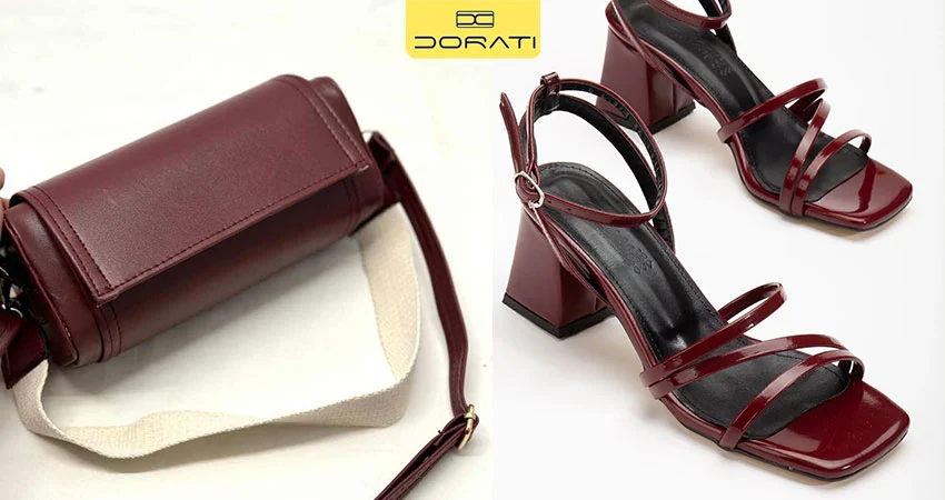 صندل پشتباز زرشکی + کیف چرمی کوچک زرشکی