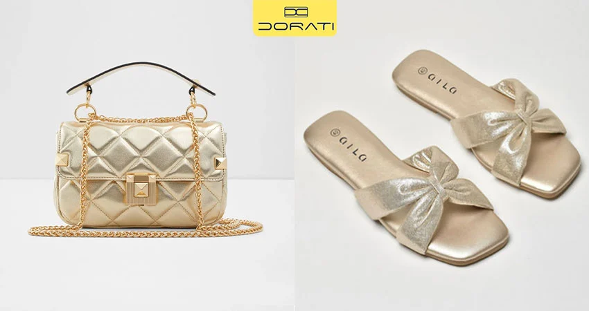 صندل متالیک طلایی + کیف دستی طلایی کوچک