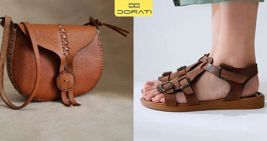 صندل بندی قهوهای + کیف چرمی سبک رودوشی کاراملی