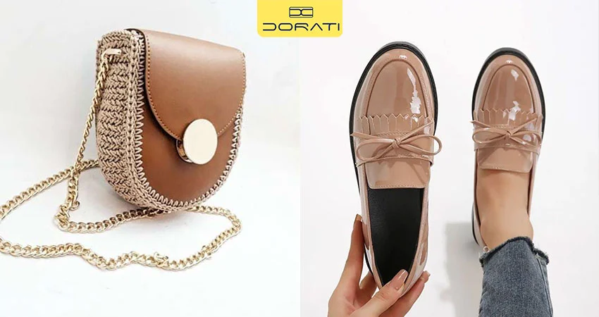 کفش تخت قهوهای کلاسیک + کیف چرم بافتدار