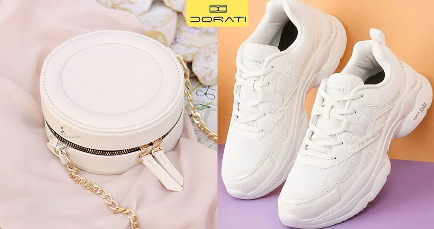 کفش کتانی سفید + کیف بوم یا پارچهای سبک