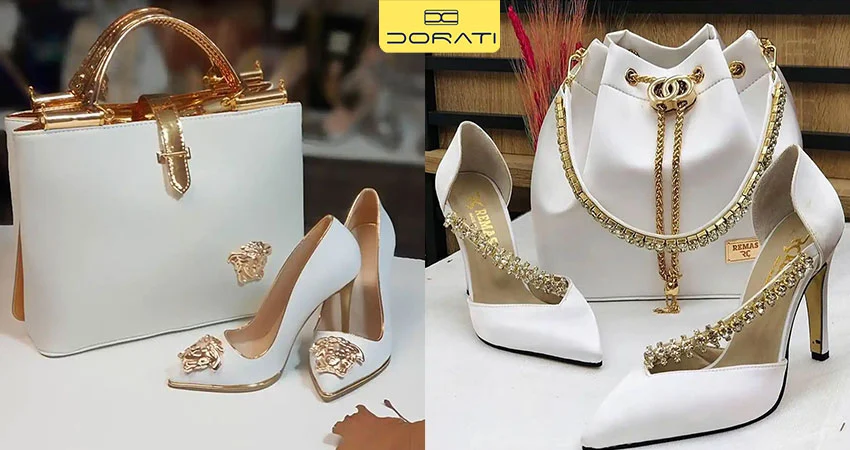 کفش سفید با جزئیات طلایی + کیف کار با همان تم
