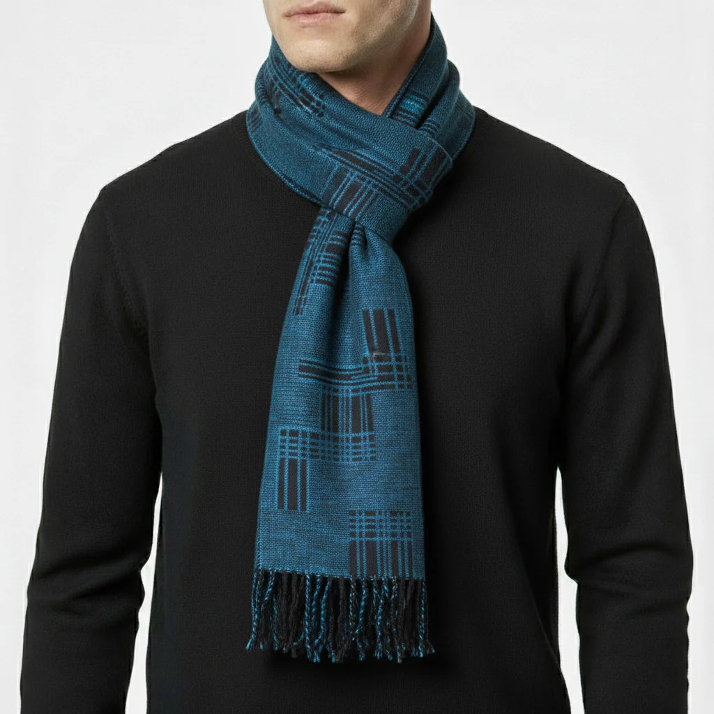 blue-checkered-scarf3-4296 تن پوش اسکارف مردانه چهارخونه آبی