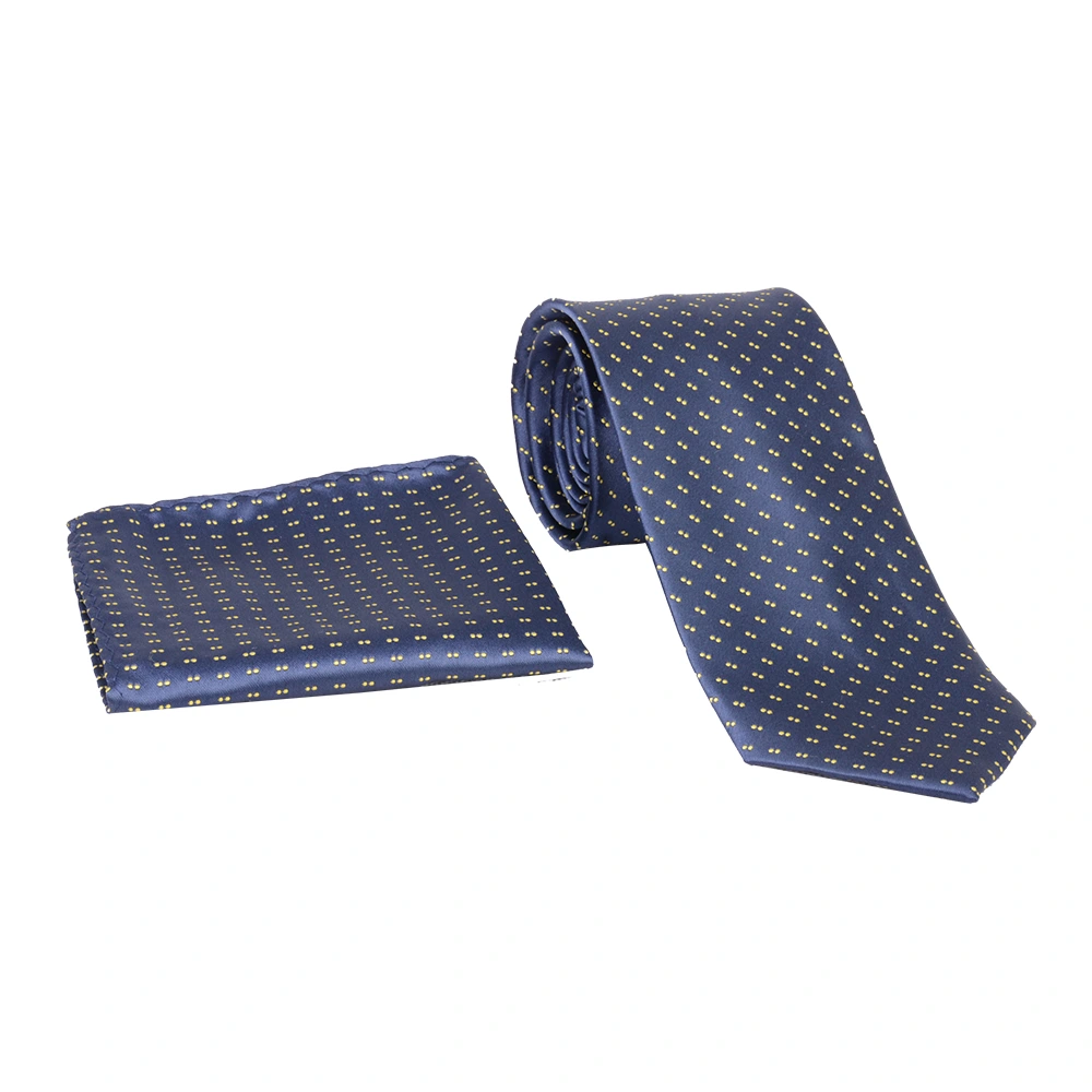 blue-dotted-tie-set1-98115 ست کراوات و پوشت طرح خال خالی با ترکیب رنگ زرد و سورمه ای