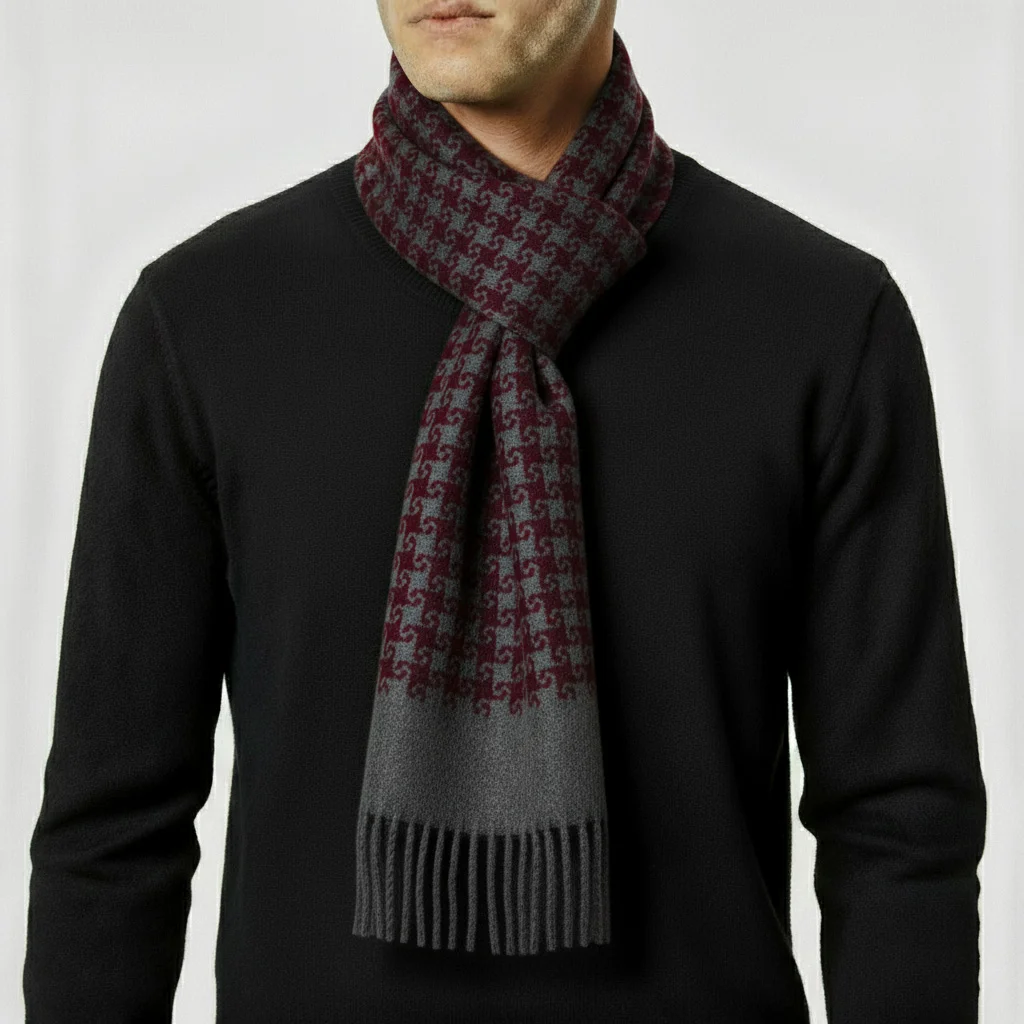 cherry-puzzle-scarf-413603 تن پوش شال گردن طرح شطرنجی زرشکی طوسی