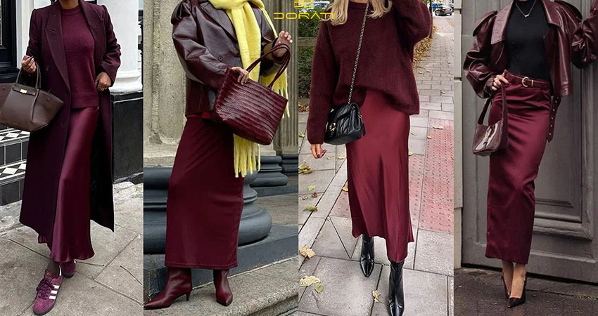 استایل سوم: دامن زرشکی و کاپشن مشکی
