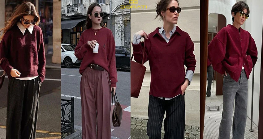 استایل دوم: بافت زرشکی با دامن مشکی