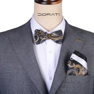 نمای رو به رو ست پاپیون و پوشت طرح ترمه مشکی طلایی