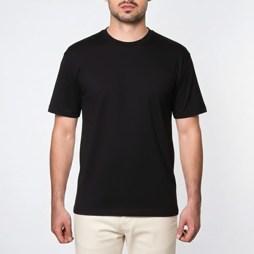 mens-basic-tshirt7 نمای رو به رو تنپوش تیشرت مردانه مشکی ساده