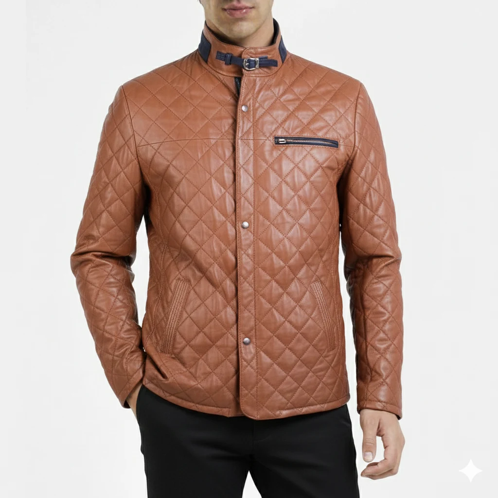 mens-leather-brown&navy-coat5 نمای رو به رو تنپوش کت چرم عسلی سورمه ای مردانه مدل ریوولی