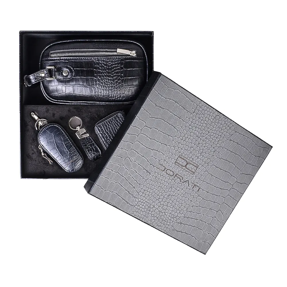 نمای رو به رو باکس هدیه چرم مردانه و هاردباکس کادویی