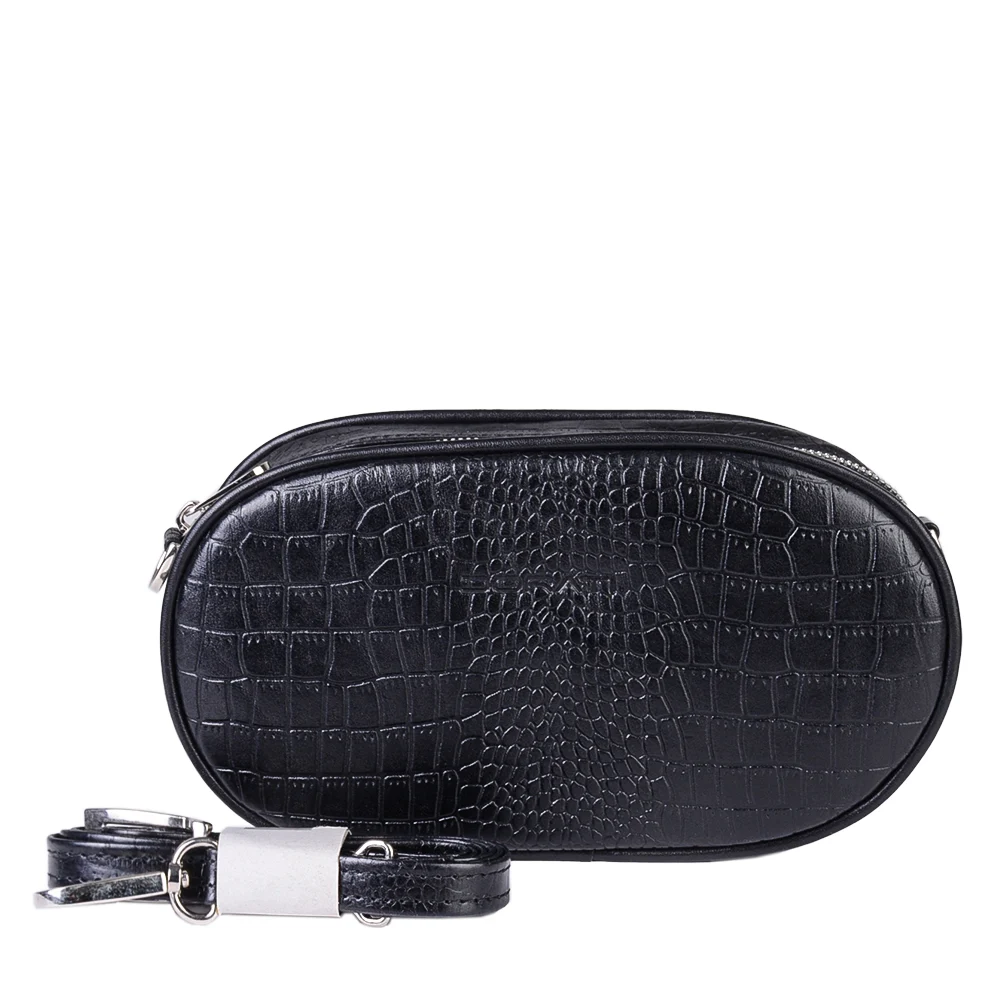 نمای رو به رو کیف چرم مشکی زنانه مدل نفس همراه بند