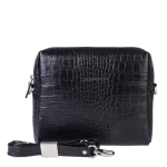 نمای رو به رو کیف چرم کروکو زنانه مشکی همراه با بند