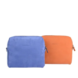 نمای رو به رو کیف ادری زنانه با چرم جیر در دو رنگ آبی و نارنجی