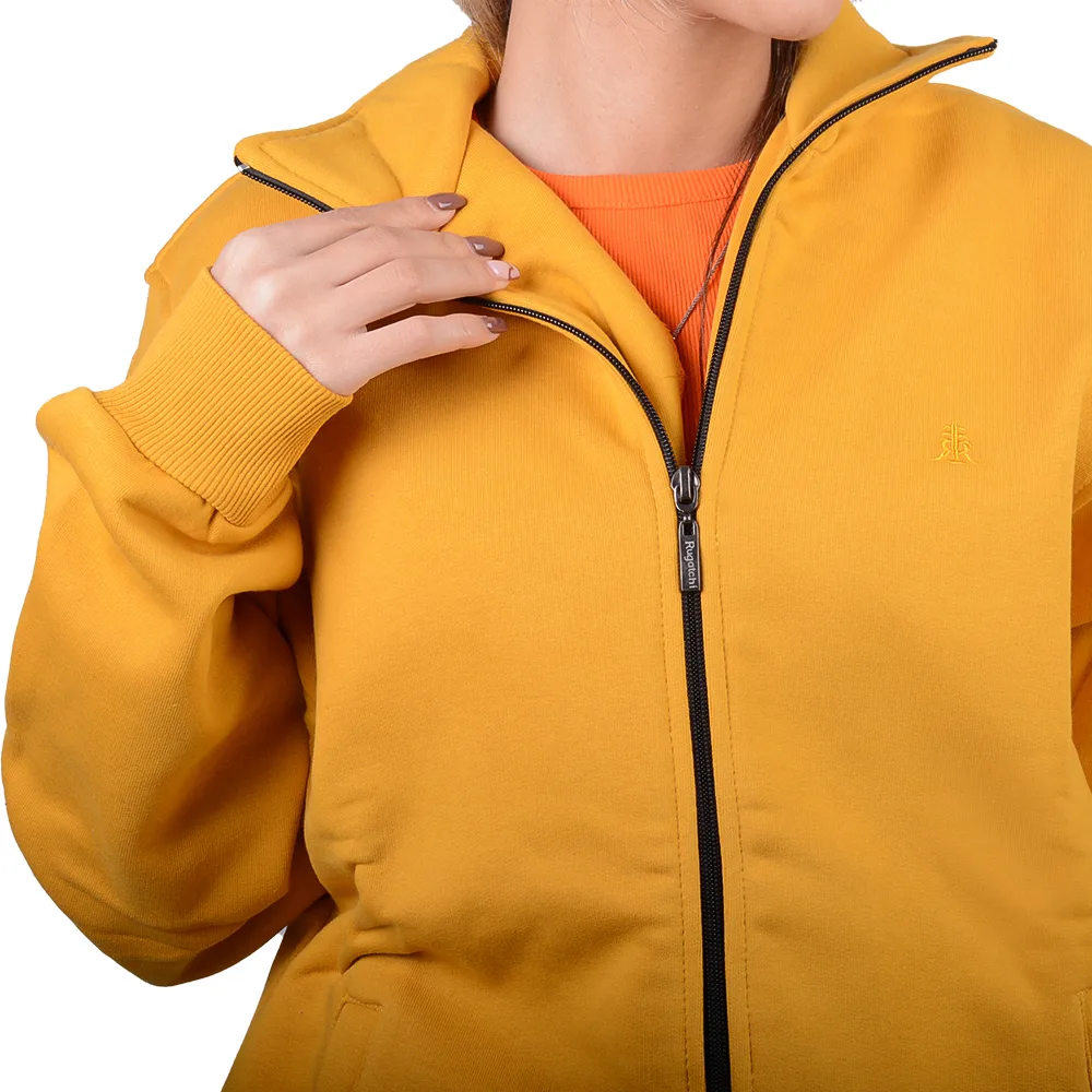 نمای نزدیک یقه و زیپ سوییشرت یونیسکس یقه اسکی رنگ زرد