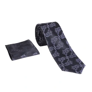 نمای رو به رو کراوات و دستمال جیب مشکی بته جقه