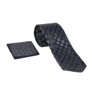 نمای روبه رو از ست کراوات و دستمال جیب مشکی و طوسی طرح توپی مدل 98133