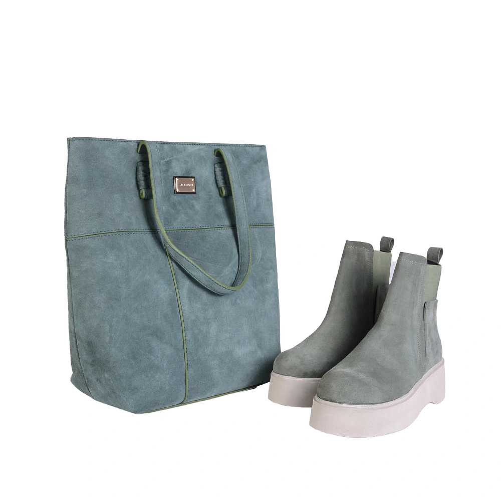 green-suede-boot&bag-set1 نمای رو به رو ست کیف و بوت تمام چرم جیر زنانه سبز سدری