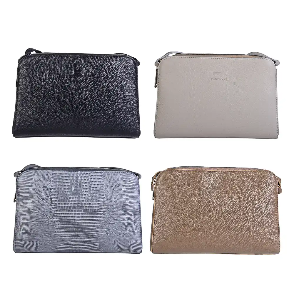 leather-3-zip-bag1 نمای رو به رو کیف چرم دوشی ۳ زیپ زنانه در ۴ رنگ