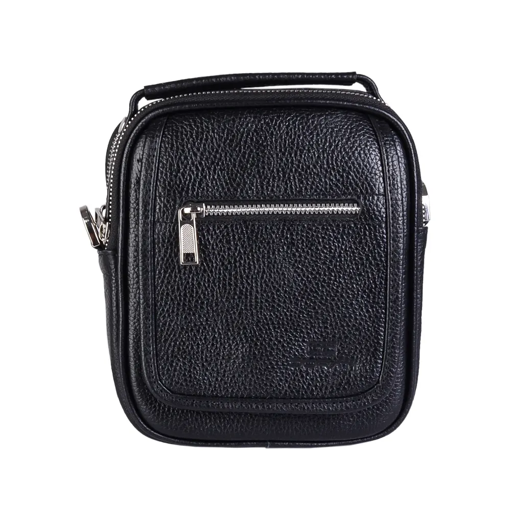leather-shoulder-2zip-bag-1 نمای رو به رو کیف چرم مردانه دوشی دو زیپ رنگ مشکی