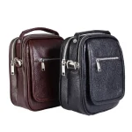 نمای بغل کیف چرم مردانه دوشی دو زیپ دو رنگ مشکی و قهوه‌ای