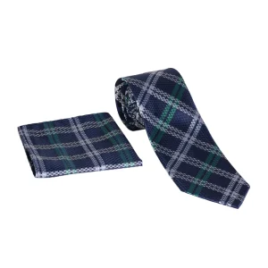 نمای رو به رو ست کراوات و دستمال جیب چهارخانه سورمه ای و سفید مدل98126