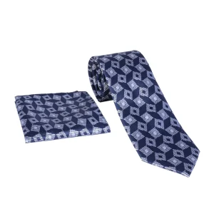 نمای نزدیک و روبه رو از ست کراوات و دستمال جیب سورمه ای طرح دار مدل 98135