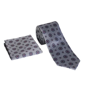 نمای نزدیک و روبه رو از ست کراوات و دستمال جیب طوسی طرح دار مدل 98128