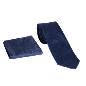 نمای روبه رو از ست کراوات و دستمال جیب سورمه ای طرح دار مدل 98125