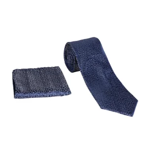 نمای روبه رو ست کروات و دستمال جیب سورمه ای با طرح برفی مدل 98127