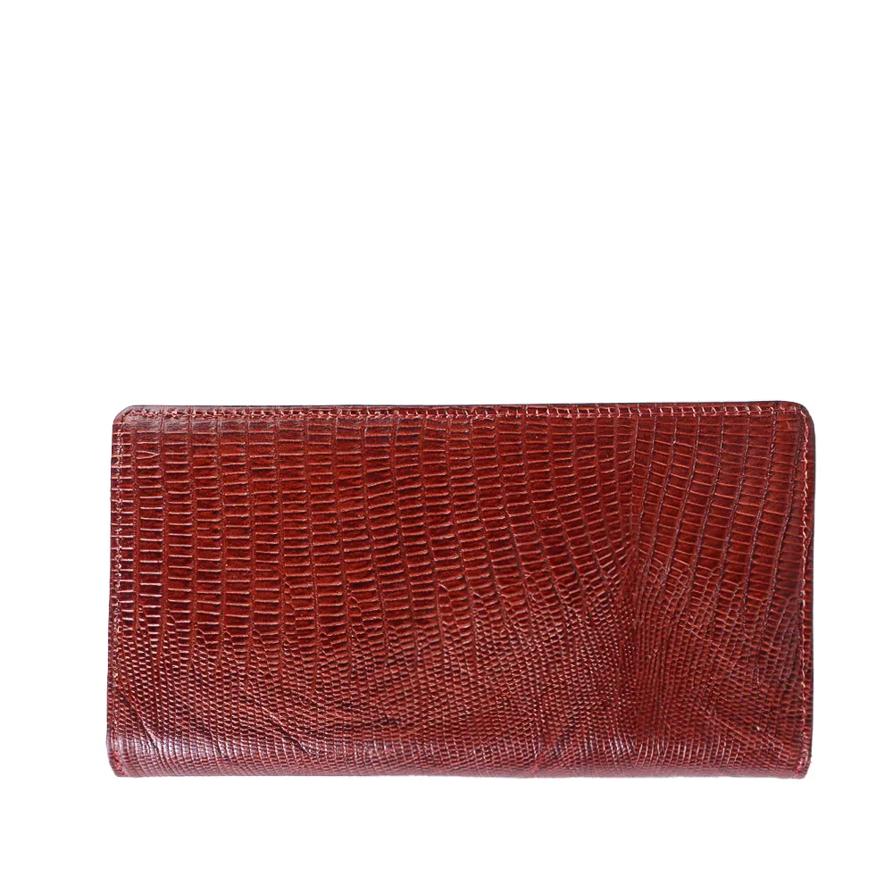 women-lizard-leather-red-wallt-1 نمای رو به رو کیف پول چرم لیزارد زنانه رنگ آلبالویی