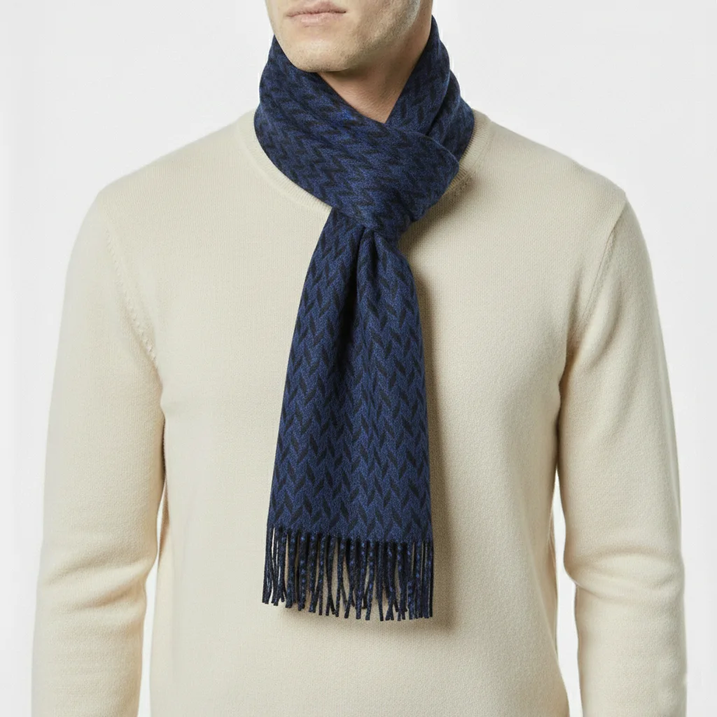 blue-heringbone-scarf-3 نمای رو به رو تنپوش شال گردن طرح هریبون آبی