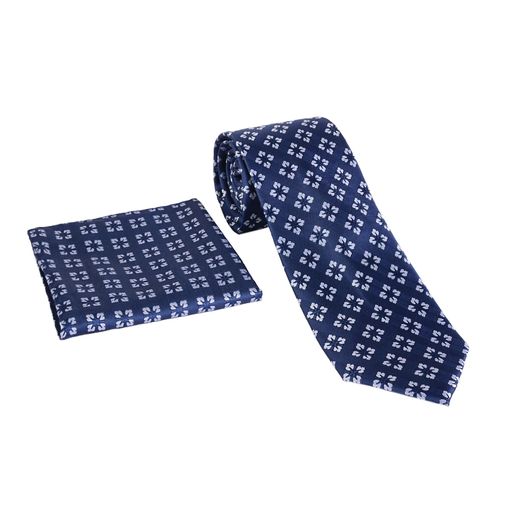 flower-pattern-tie-1 (1) نمای رو به رو از ست کراوات و دستمال جیب طرح شکوفه ای سورمه ای مدل 98130