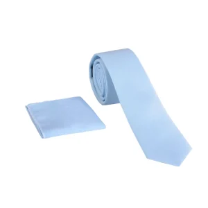 نمای رو به رو از ست کراوات و دستمال جیب آبی روشن مدل 98142