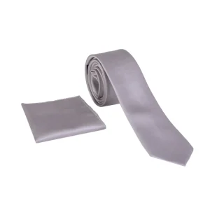 نمای رو به رو از ست کراوات و دستمال جیب طوسی روشن مدل 98140