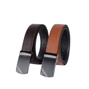 نمای رو به رو کمربند چرم دو رو مردانه کد 3500dfgp11 در دو رنگ عسلی و قهوه‌ای
