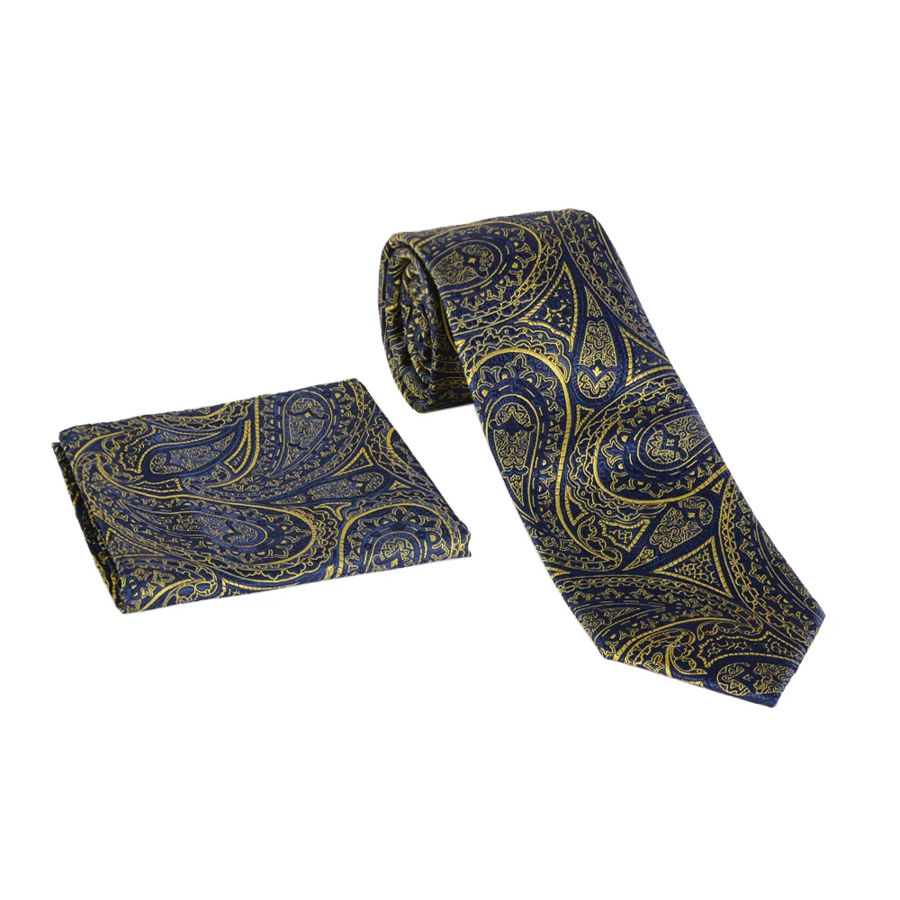 terme-pattern-tie-1 (1) نمای رو به رو از ست کراوات و دستمال جیب طرح بته جقه سورمه ای و زرد مدل 98134