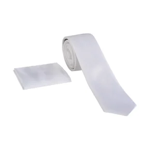 نمای رو به رو از ست کراوات و دستمال جیب سفید ساده مدل 98141