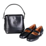 نمای رو به رو از ست پیشنهادی کیف ۵۲۰ و کفش ۲۶۸ چرم مشکی